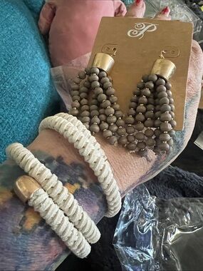 Boho Taupe Beaded Tassel Earrings by